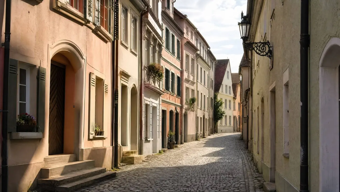 A cobbled lane of pastel baroque townhouses in morning light