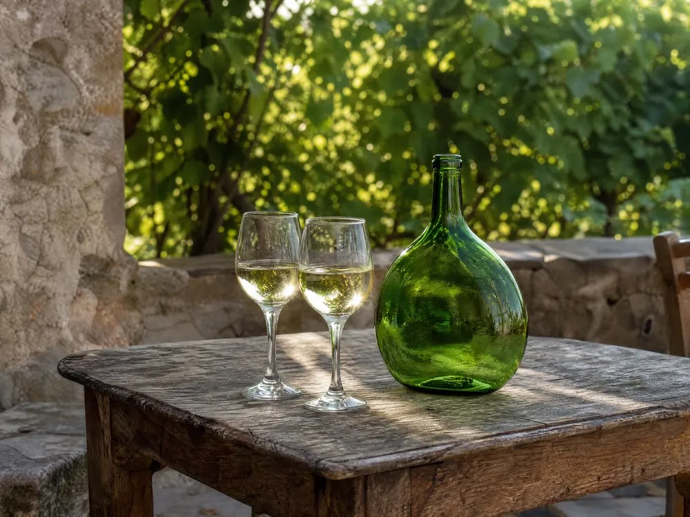 Two glasses of Franconian white wine on a wooden table