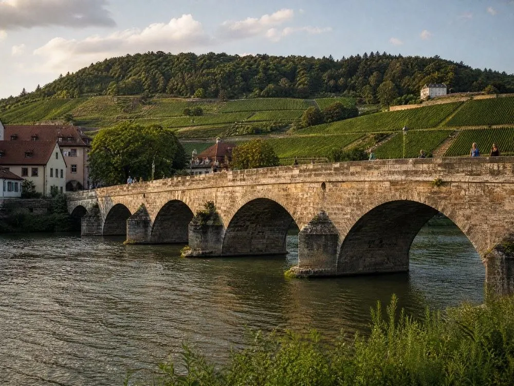 A stone arch bridge over a wide river